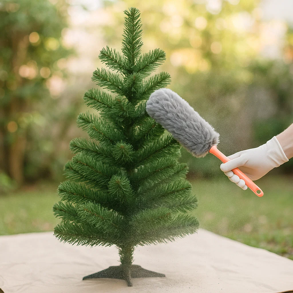 Person dusting artificial Christmas tree outdoors with gray duster to remove surface dust.