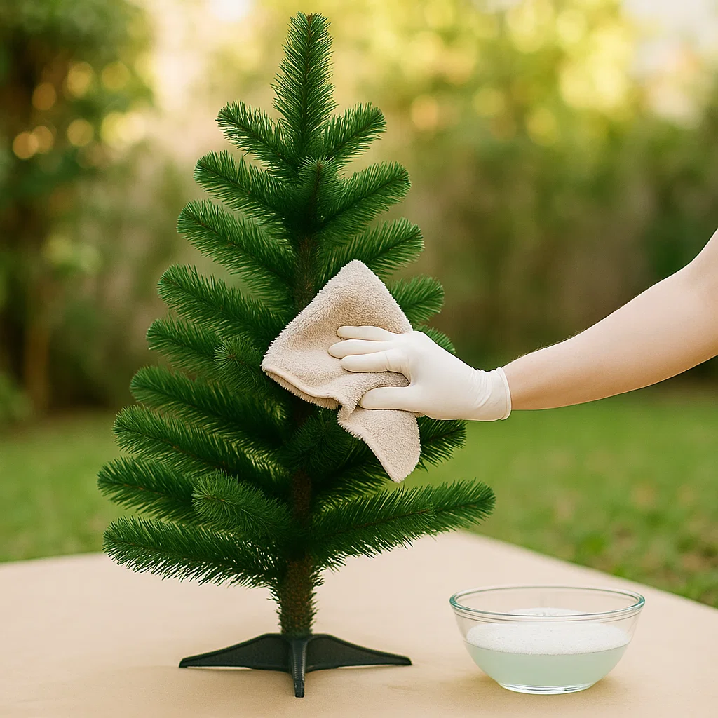 Person wearing gloves wiping green artificial Christmas tree branches with soft beige cloth.