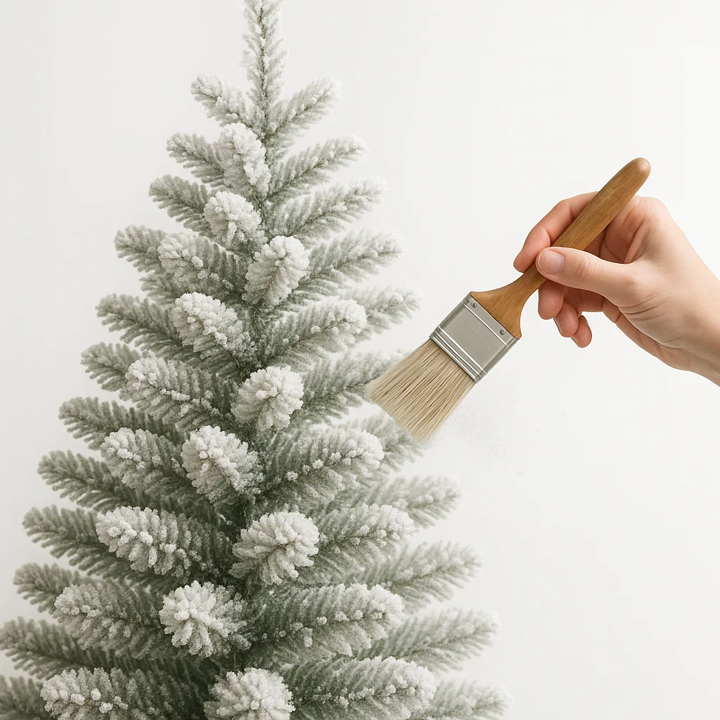 Hand using soft paintbrush to gently clean white flocked Christmas tree branches.