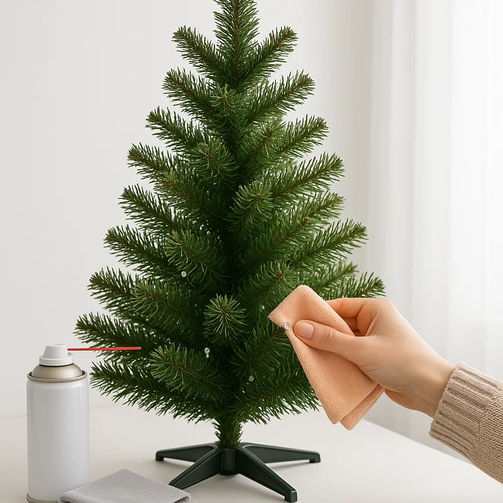 Person wiping artificial Christmas tree branches using soft cloth beside spray can.