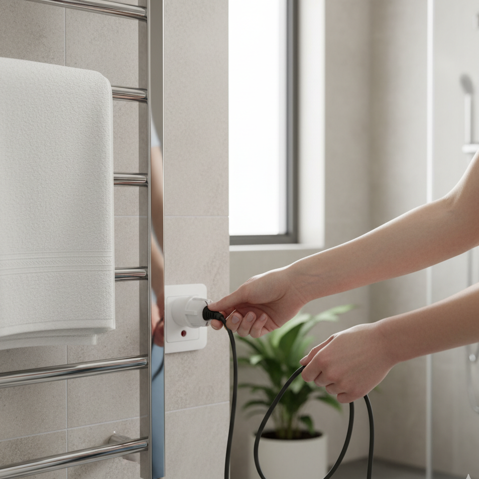 Unplugging towel warmer before cleaning for safety.