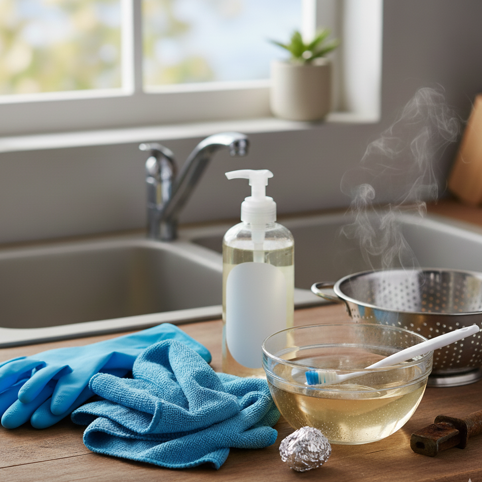 Essential cleaning items for towel warmer maintenance on countertop.