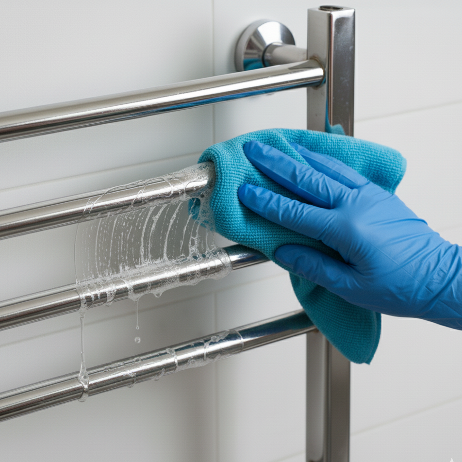 Cleaning heated towel bars with soapy microfiber cloth.