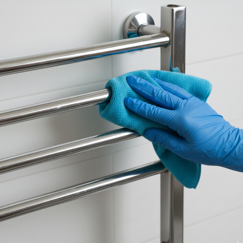 Wiping chrome towel rail with microfiber cloth to remove lint.