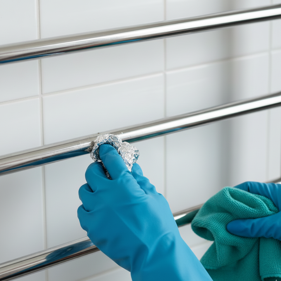Using aluminum foil to remove rust from chrome towel warmer.