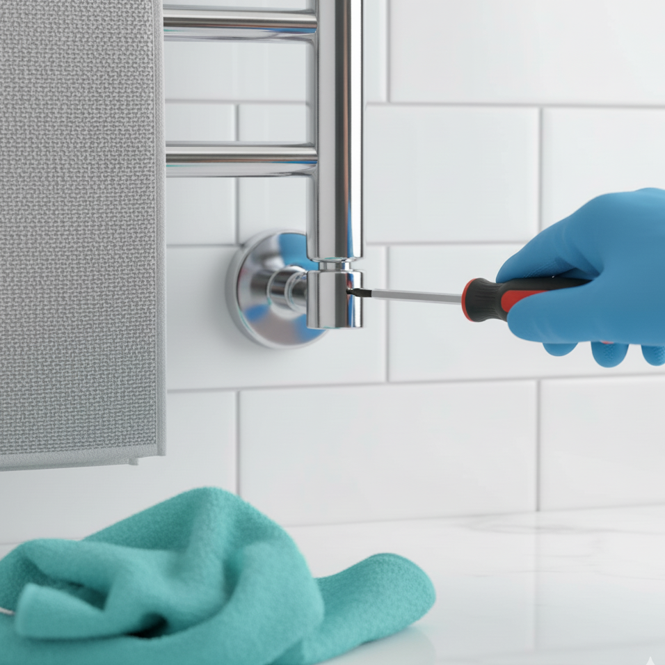 Polishing heated towel rail regularly with microfiber cloth for shine.