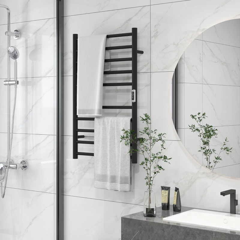 Comparison of chrome and black towel warmers showing bar count and wattage.