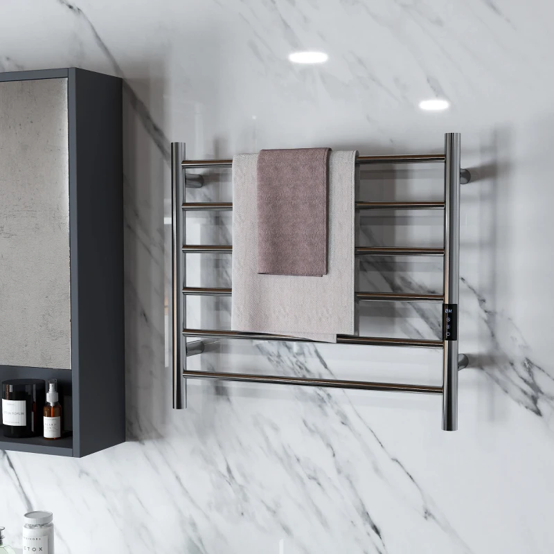Modern bathroom featuring sleek chrome towel warmer on marble wall.