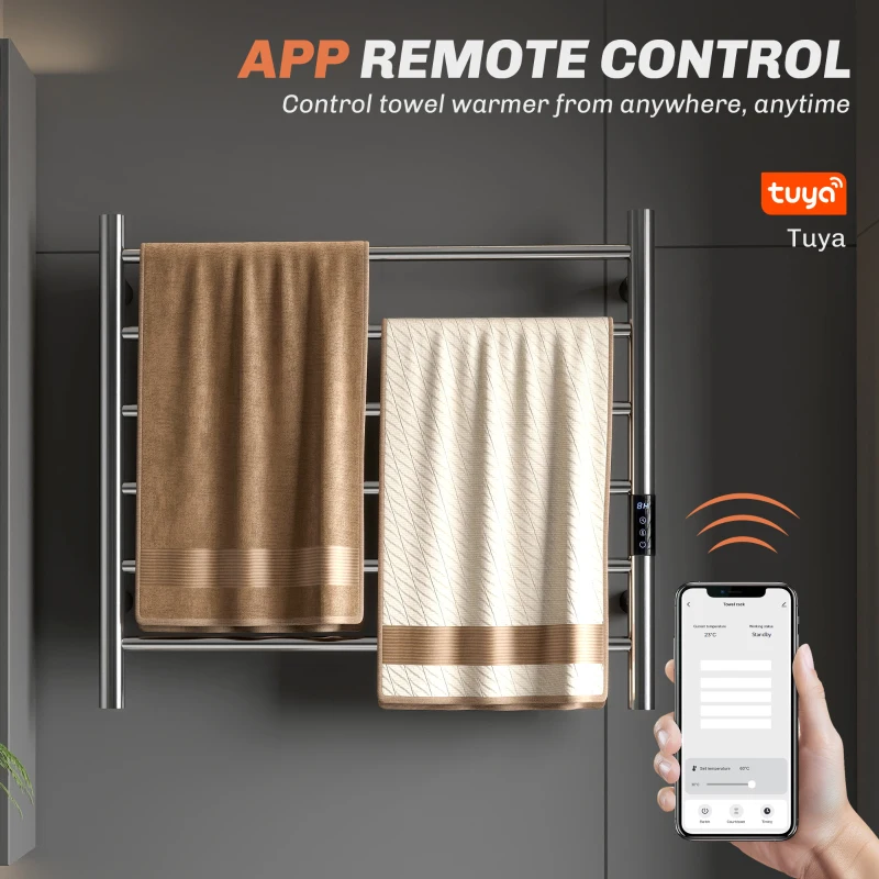Smart towel warmer controlled via mobile app for remote heating.