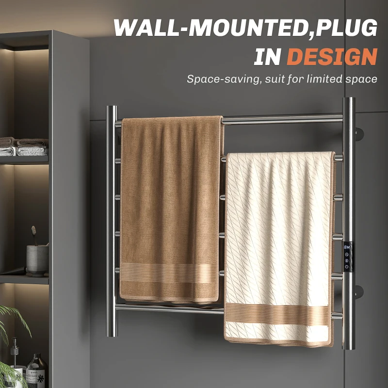 Matte black towel warmer mounted near shower and round mirror.