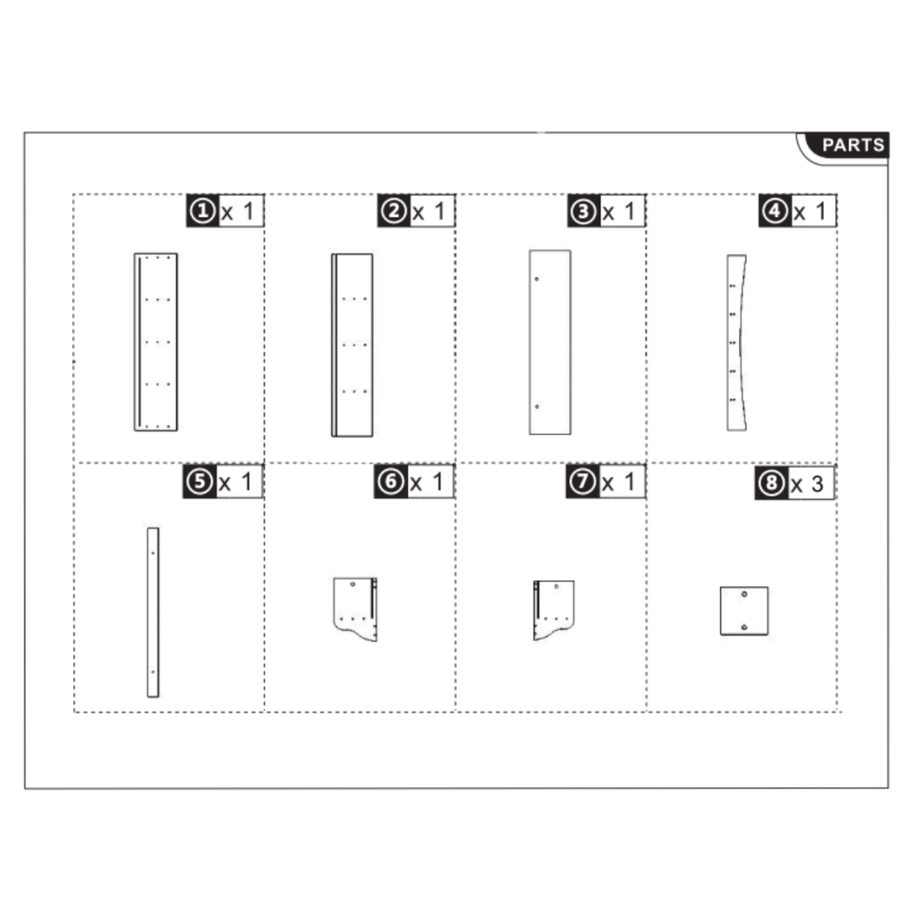 Diagram showing all labeled wooden parts for coat rack assembly.