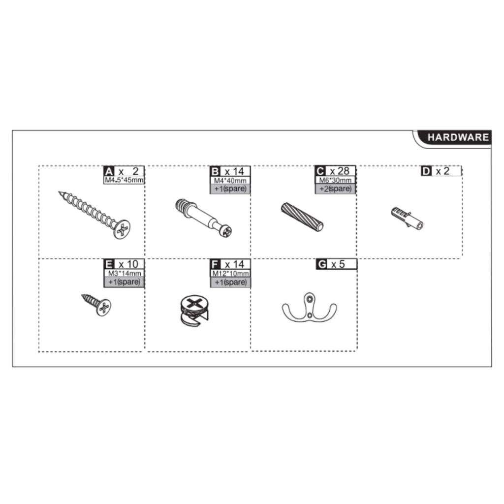Display of screws, dowels, hooks, and fasteners used for installation.