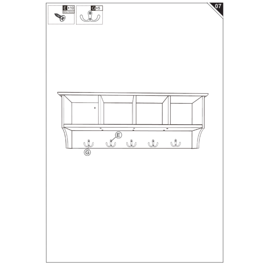 Step 7 image showing five metal hooks fastened along bottom edge using screws.