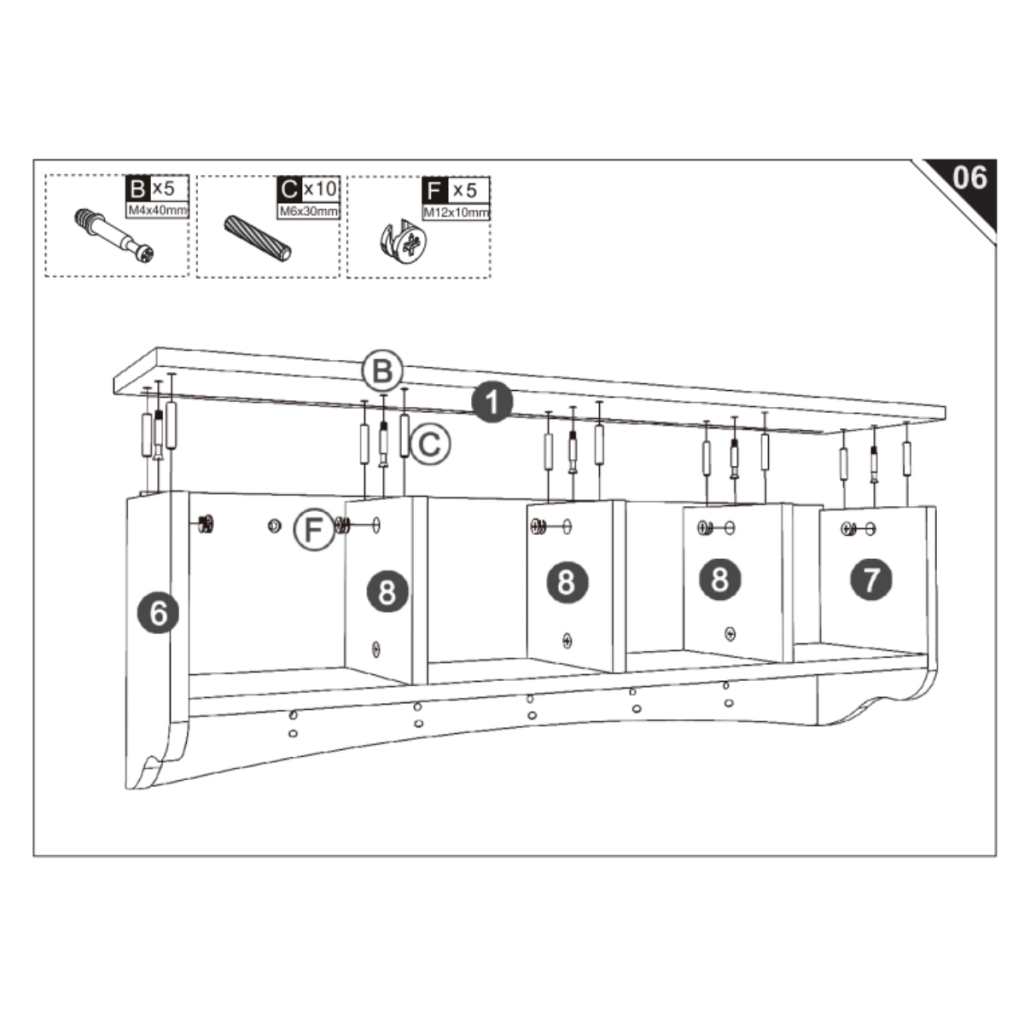 illustration showing top shelf panel secured over the main frame.