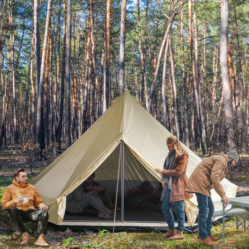 Canvas bell teepee tent in forest, people preparing campsite outside.