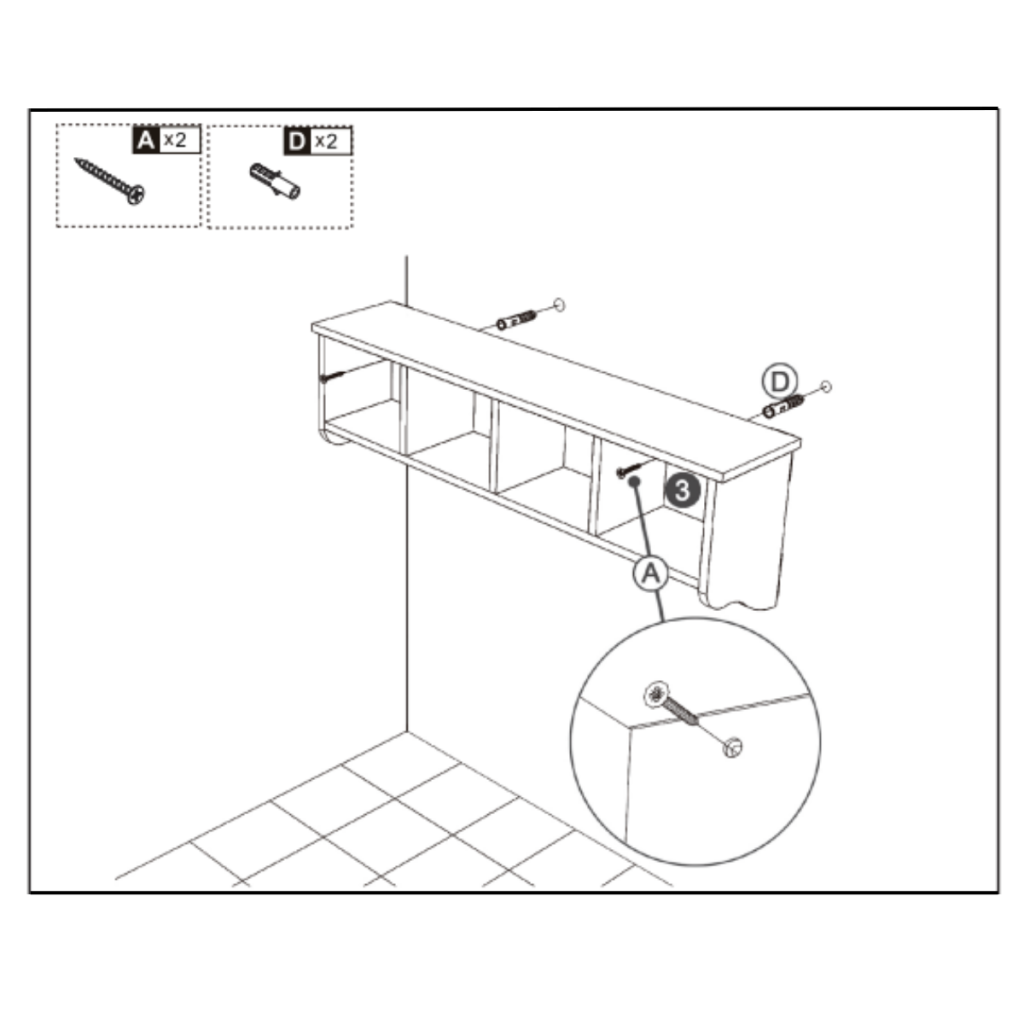 Illustration showing coat rack mounted on wall using screws and wall plugs for support.