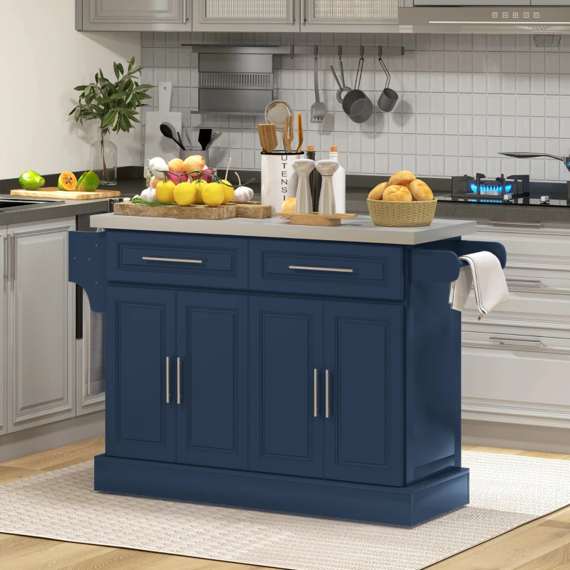 Blue kitchen island with drawers and countertop styled with fruits and bread for extra storage.