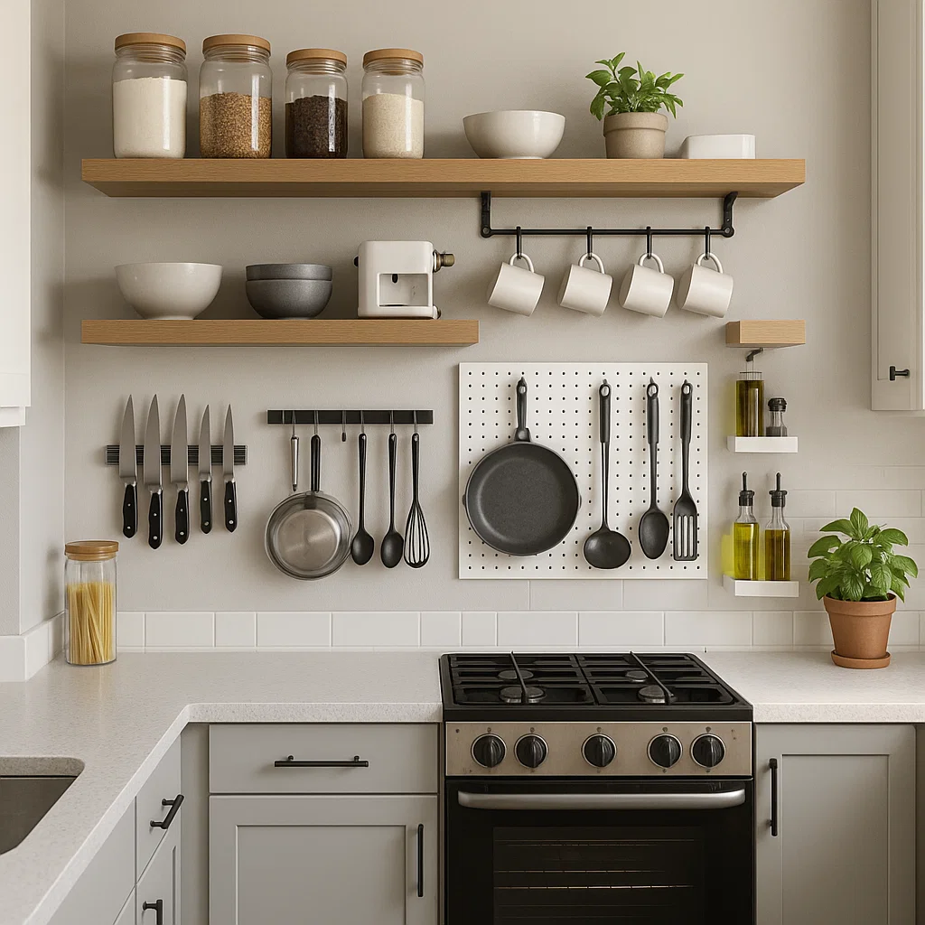 Organized kitchen wall with floating shelves, hanging racks, and pegboard used for jars, pans, and utensils.