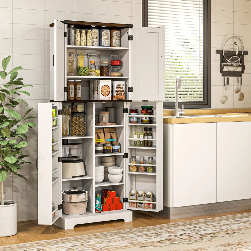 Tall white kitchen pantry cabinet neatly filled with jars, cans, and packaged food items.
