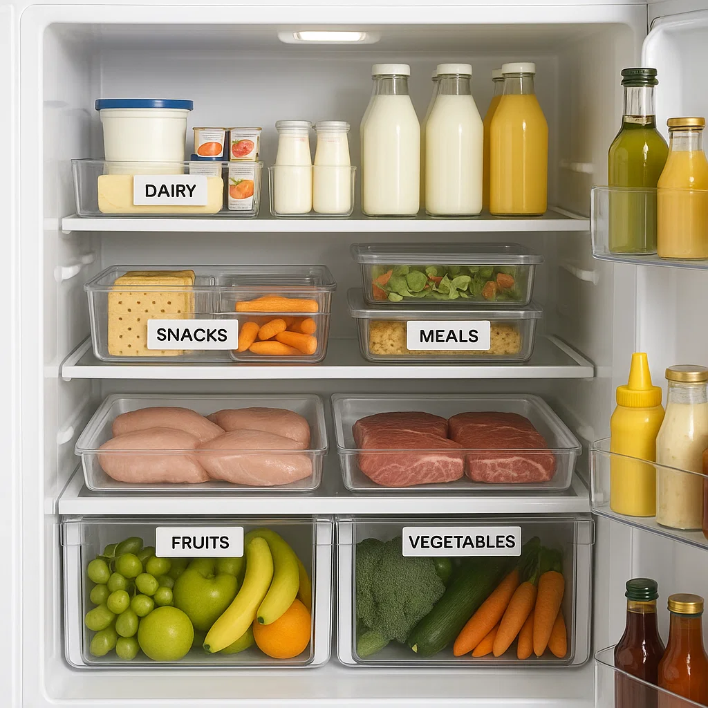Well-organized refrigerator with labeled containers for dairy, snacks, meals, fruits, and vegetables.