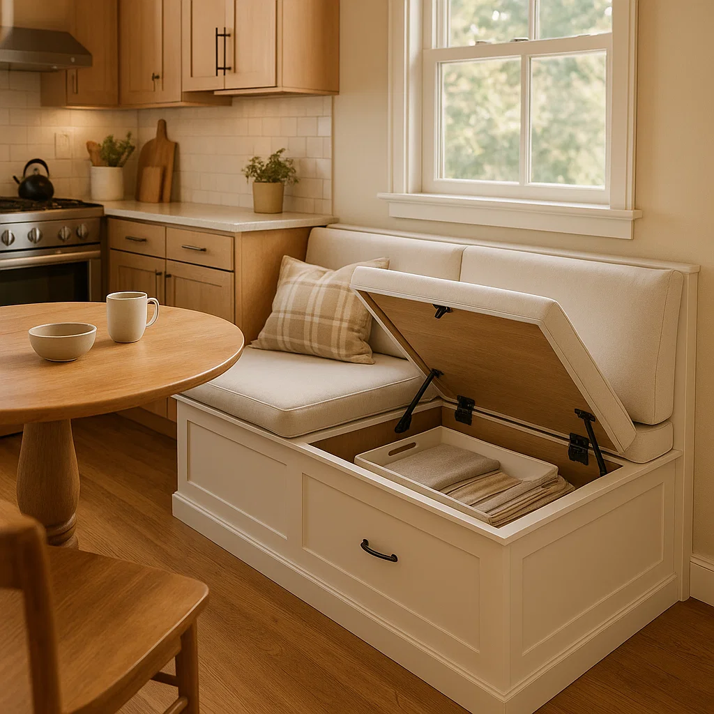 Cozy kitchen corner with built-in bench seating featuring hidden storage for linens and trays.