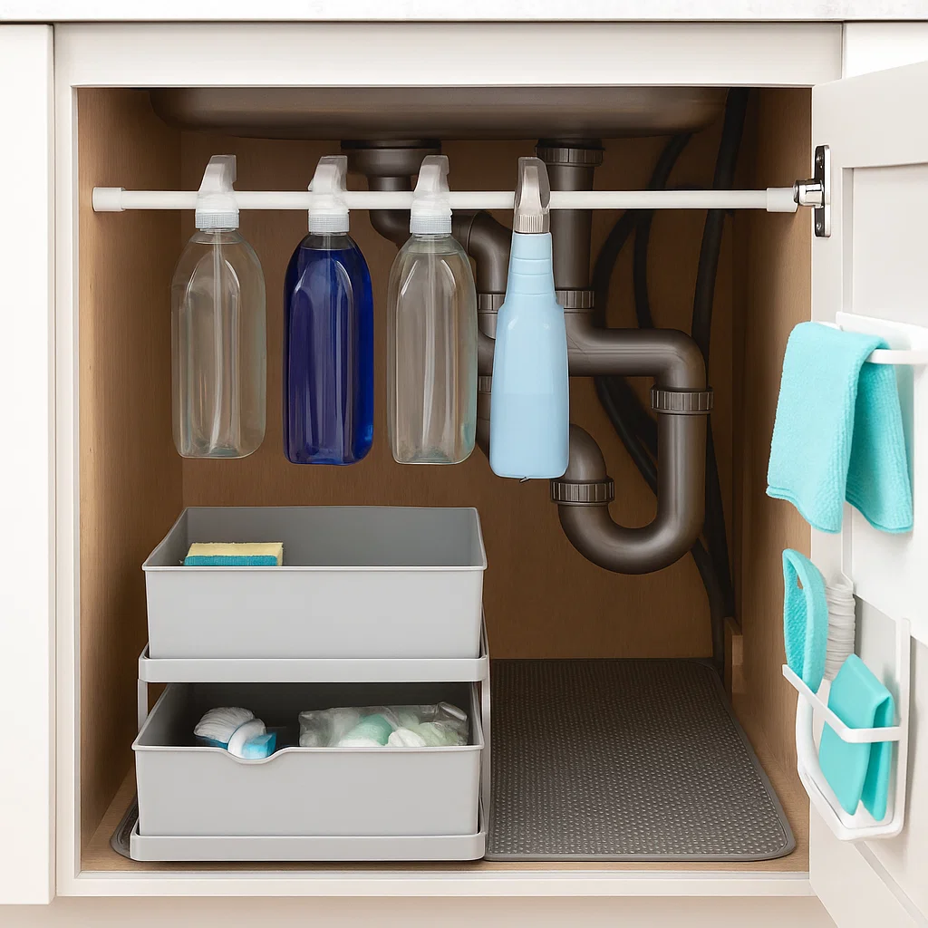 Under-sink area organized with hanging spray bottles and sliding bins for cleaning supplies.