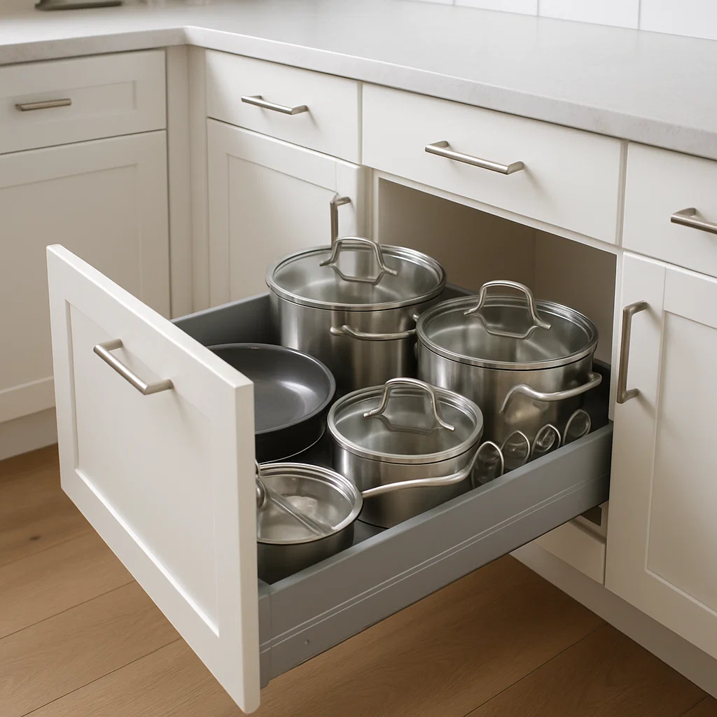 Deep kitchen drawer neatly storing stainless steel pots, pans, and lids in organized rows.