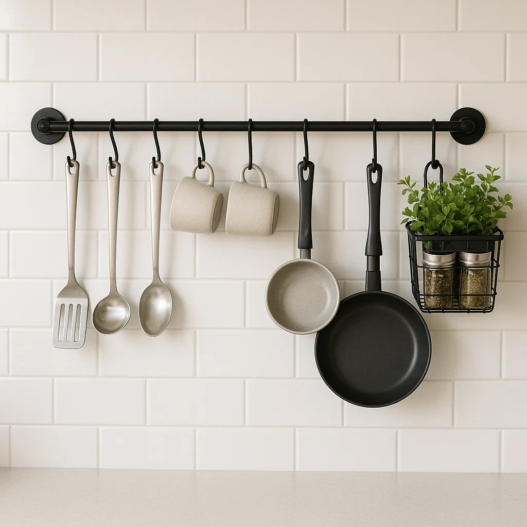Minimal kitchen setup with utensils and pans hanging from a sleek black rail below a wooden shelf.