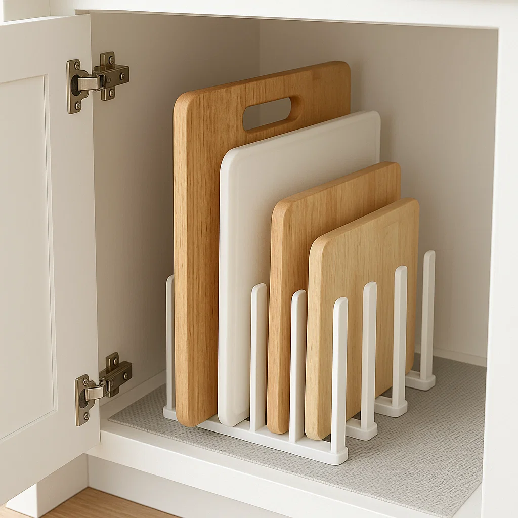 Cutting boards neatly organized upright inside a kitchen cabinet using a white rack divider.