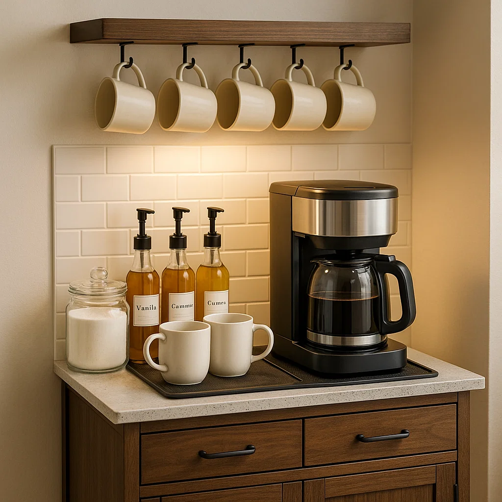 Compact home coffee station featuring mugs, syrup bottles, and a coffee maker on a small counter.