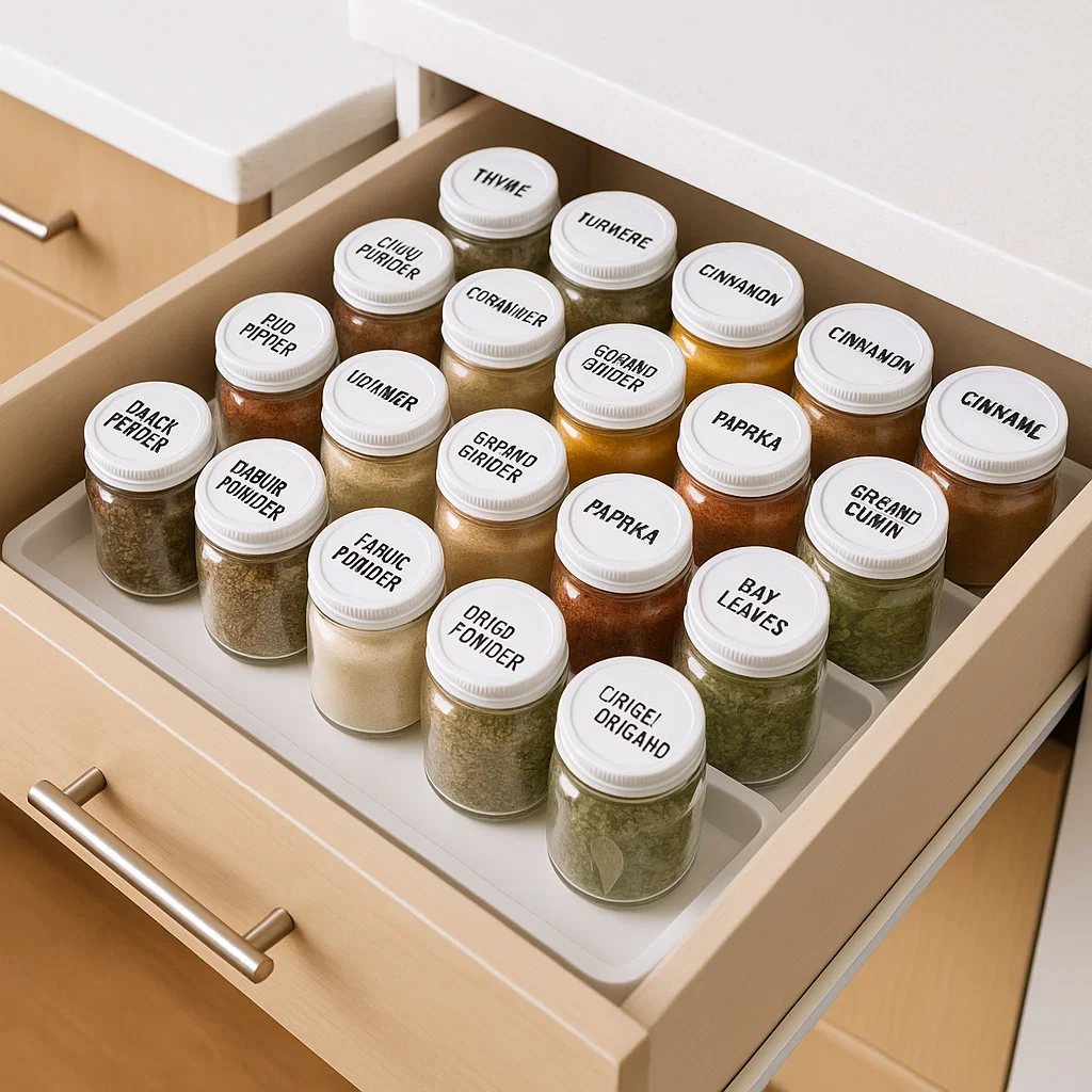 Kitchen drawer filled with neatly labeled spice jars arranged for easy visibility and access.