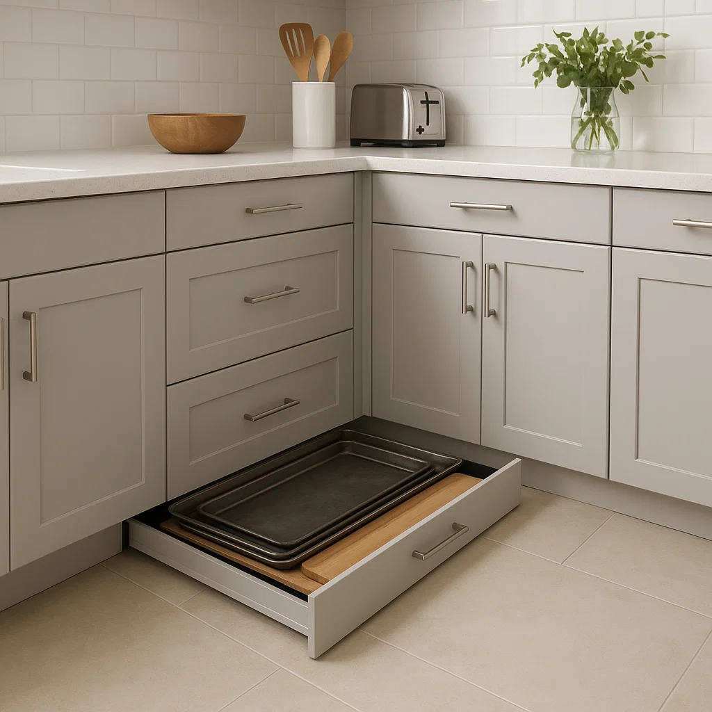 Hidden toe-kick drawer under kitchen cabinets storing baking trays and cutting boards neatly.
