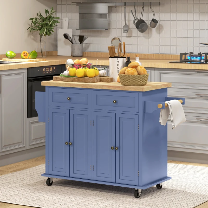 Blue kitchen island with wooden countertop, fruit basket, and kitchen utensils in a cozy modern kitchen setting