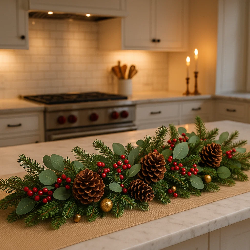 White kitchen island with garland, red ornaments, nutcrackers, and gold reindeer décor