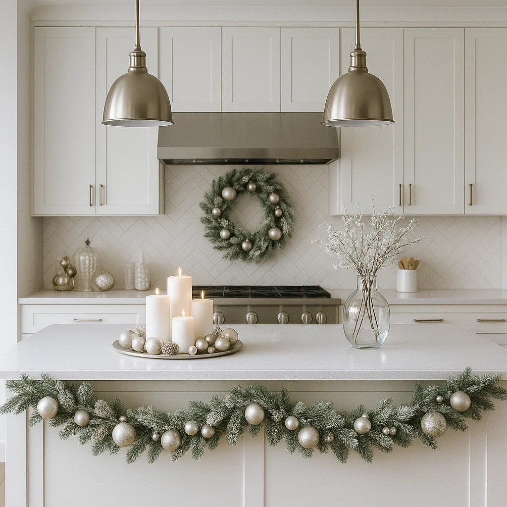 Elegant kitchen island decorated with pine garland, oranges, and cinnamon sticks