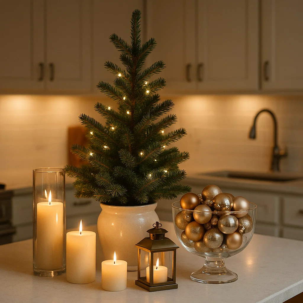 Mini Christmas tree with candles and golden ornaments on kitchen counter