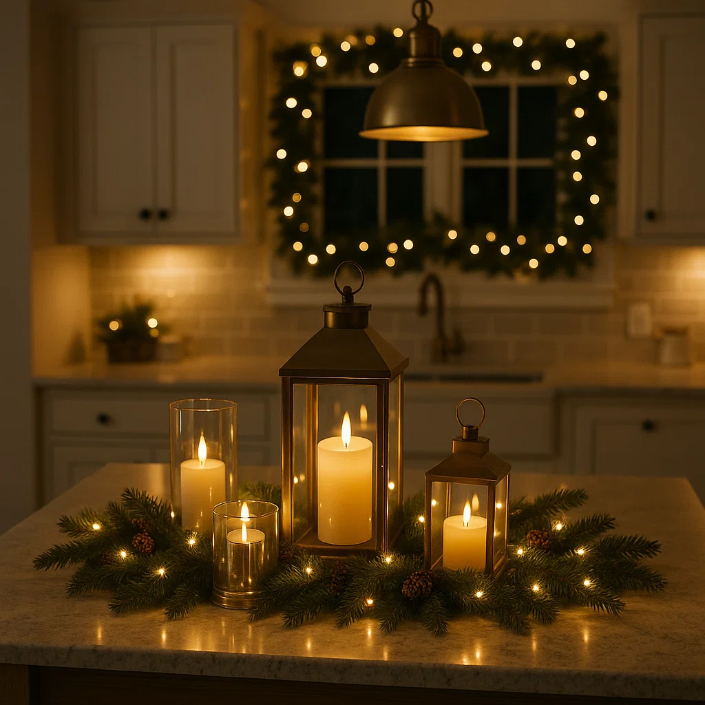 Cozy kitchen island decorated with candles, red ornaments, and a small Christmas tree