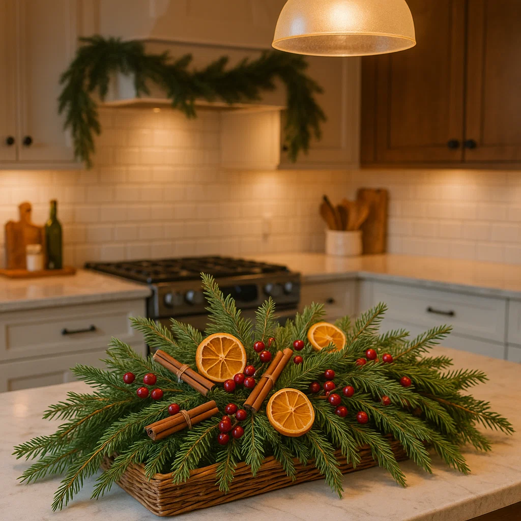 Festive kitchen island display with pine branches, berries, and dried oranges