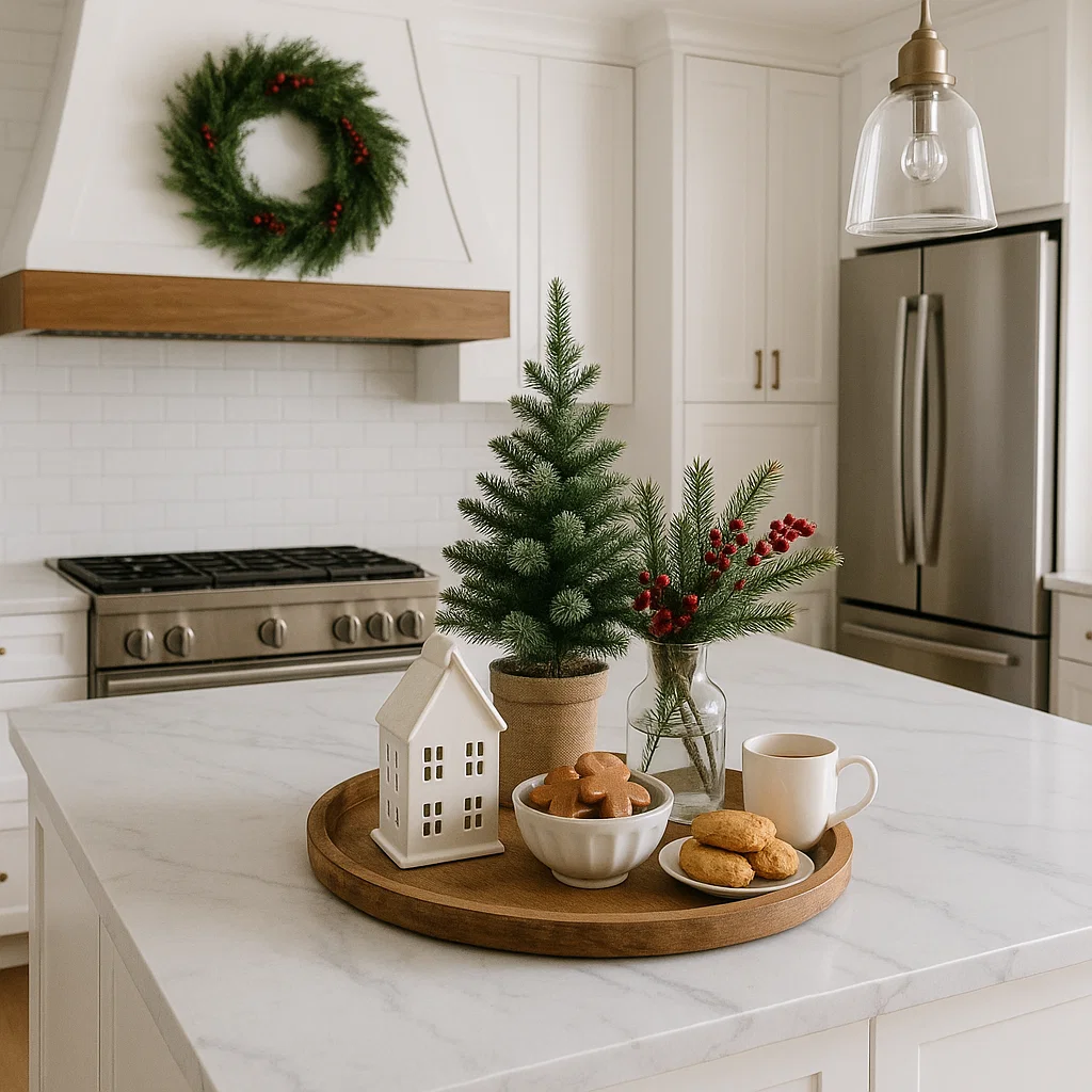 Lanterns and candles glowing on kitchen island surrounded by pine garland and lights