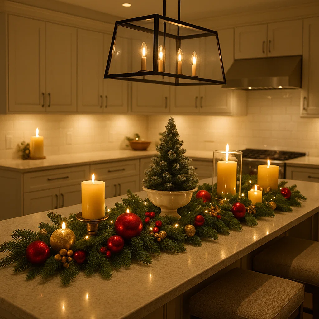 Minimal Christmas kitchen island with mini tree, cookies, and festive greenery accents