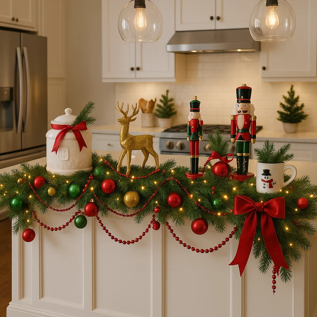 Christmas island garland decorated with nutcrackers, red bows, and ornaments