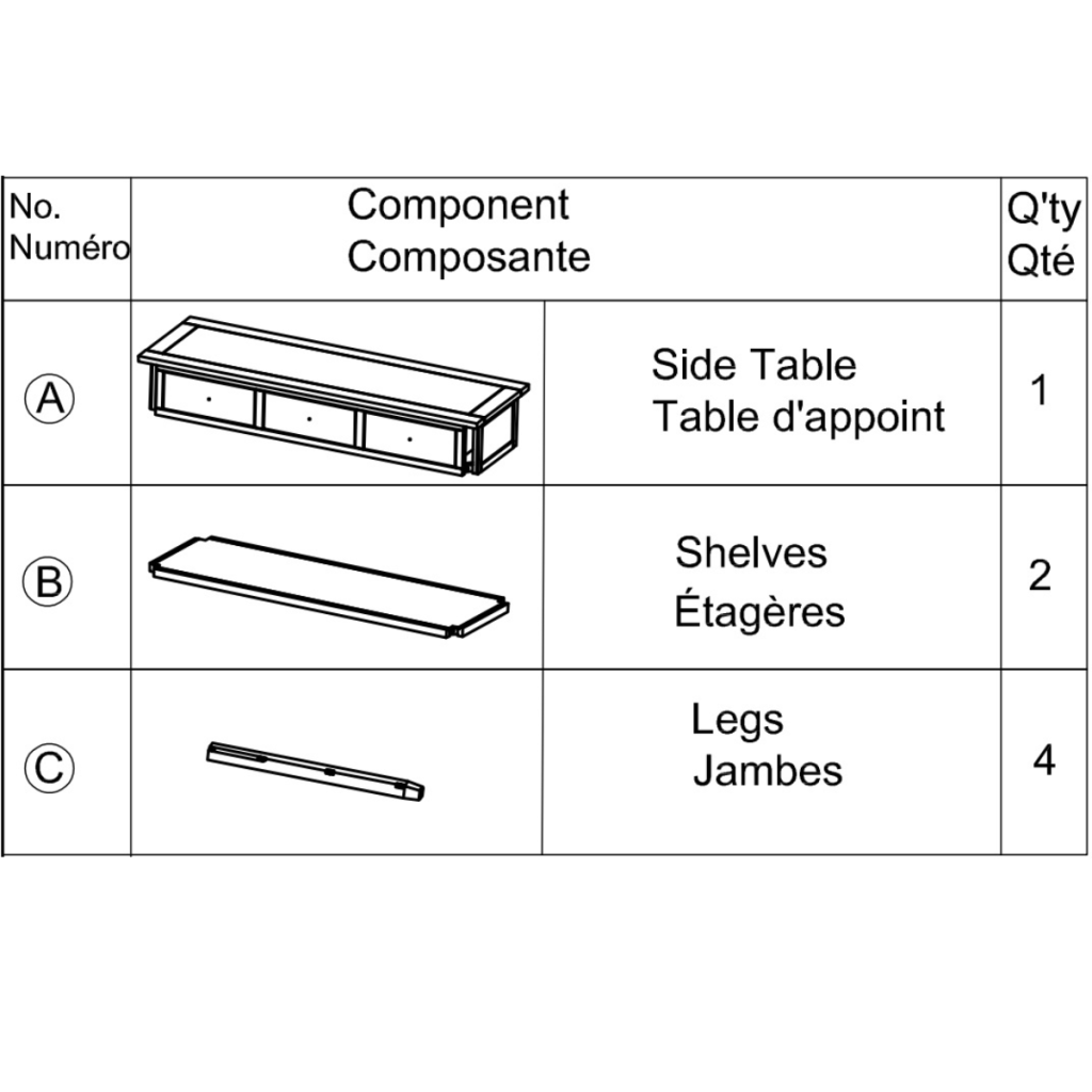 Console table parts layout with labeled components