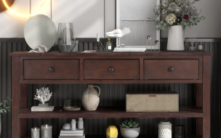 Retro console table with drawers and shelves in living room