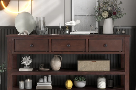 Retro console table with drawers and shelves in living room