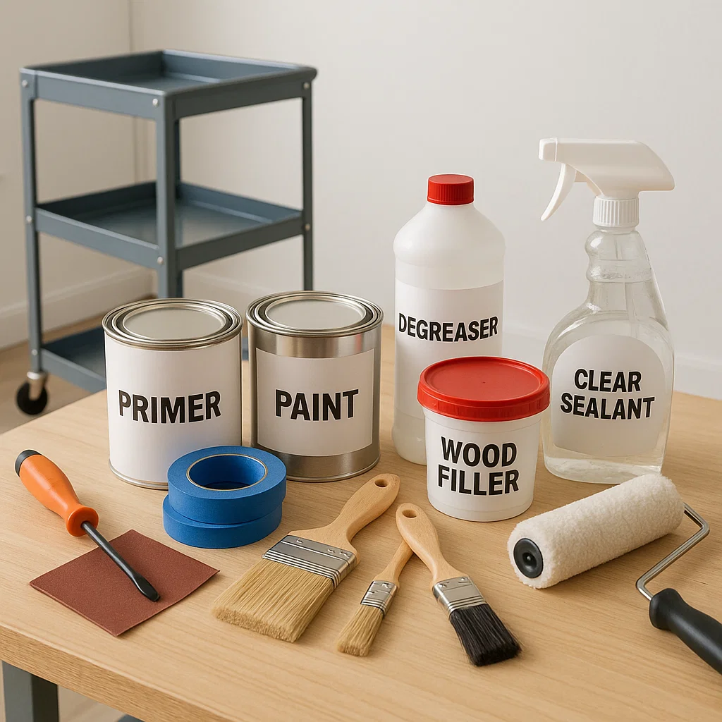 Painting tools and supplies including primer, paint, brushes, and sealant arranged on a table.