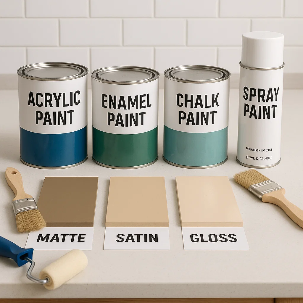 Different paint types and finishes displayed with brushes and color samples on a table.