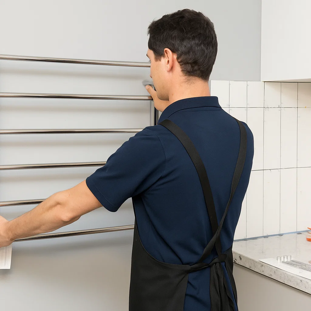 Hand marking towel rack bracket position with pencil