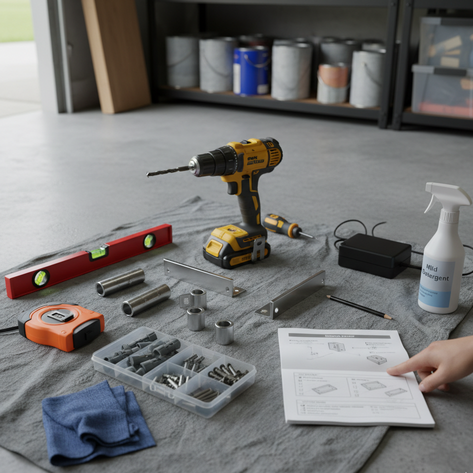 Set of tools and hardware prepared for installation project