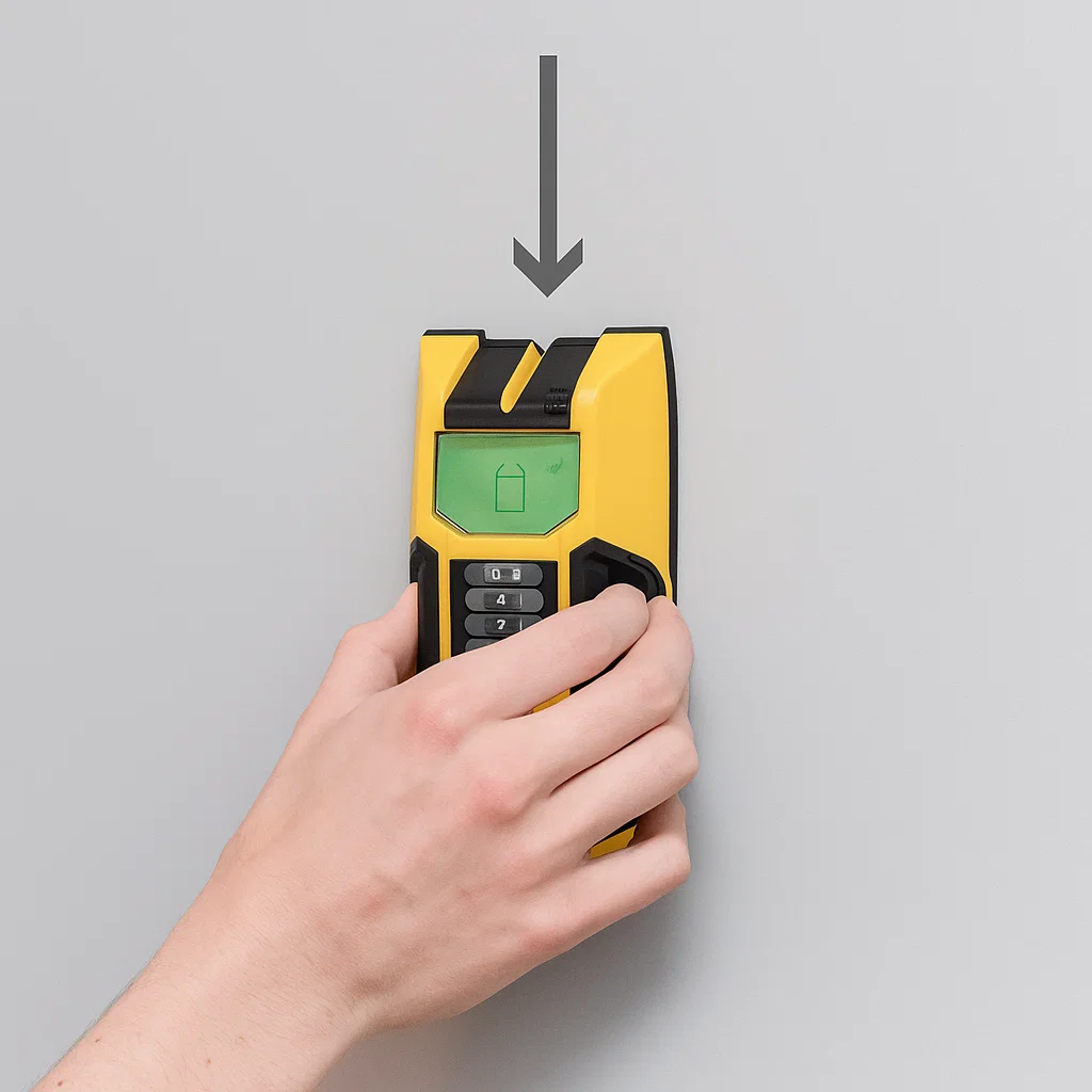 Person using stud finder on wall before installation