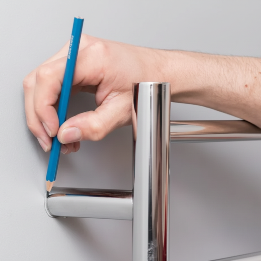 Hand marking towel warmer leg placement on wall